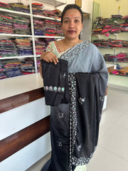 SR1001BL Black Colour Purple Colour Chinnon Saree