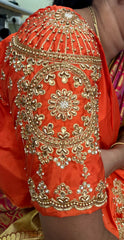 NR1129OR -Orange Colour Computer Maggam Work Blouse ( POT Neck)