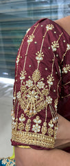 NR1050DM- Dark Maroon Colour Computer Maggam Work Blouse ( Boat Neck Design Back Open)