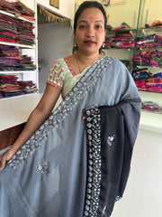 SR1001BL  Black Colour Purple Colour Chinnon Saree