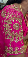 NR1129HP -Heart Pink Colour Computer Maggam Work Blouse ( POT Neck)