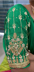 NR1050G- Green Colour Computer Maggam Work Blouse( Boat Neck Design Back Open)